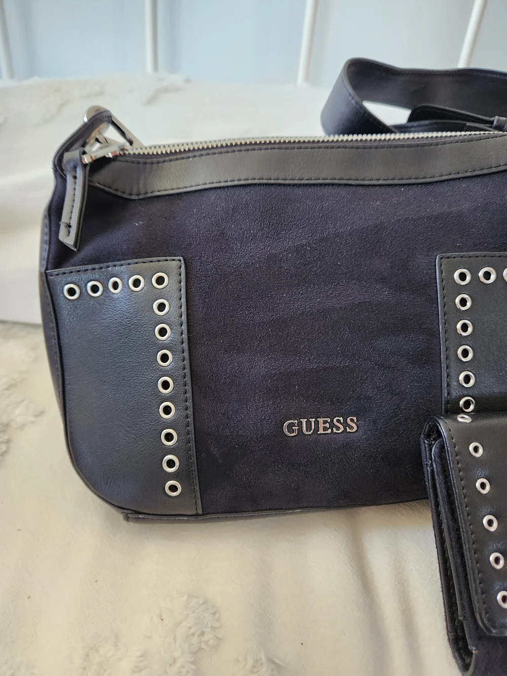 VINTAGE GUESS Black Suede & Leather Crossbody Bag with Matching Wallet